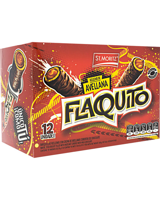 St. Moritz Flaquito Chocolate Covered Wafer Filled with Hazelnut Cream (Box of 12) Front